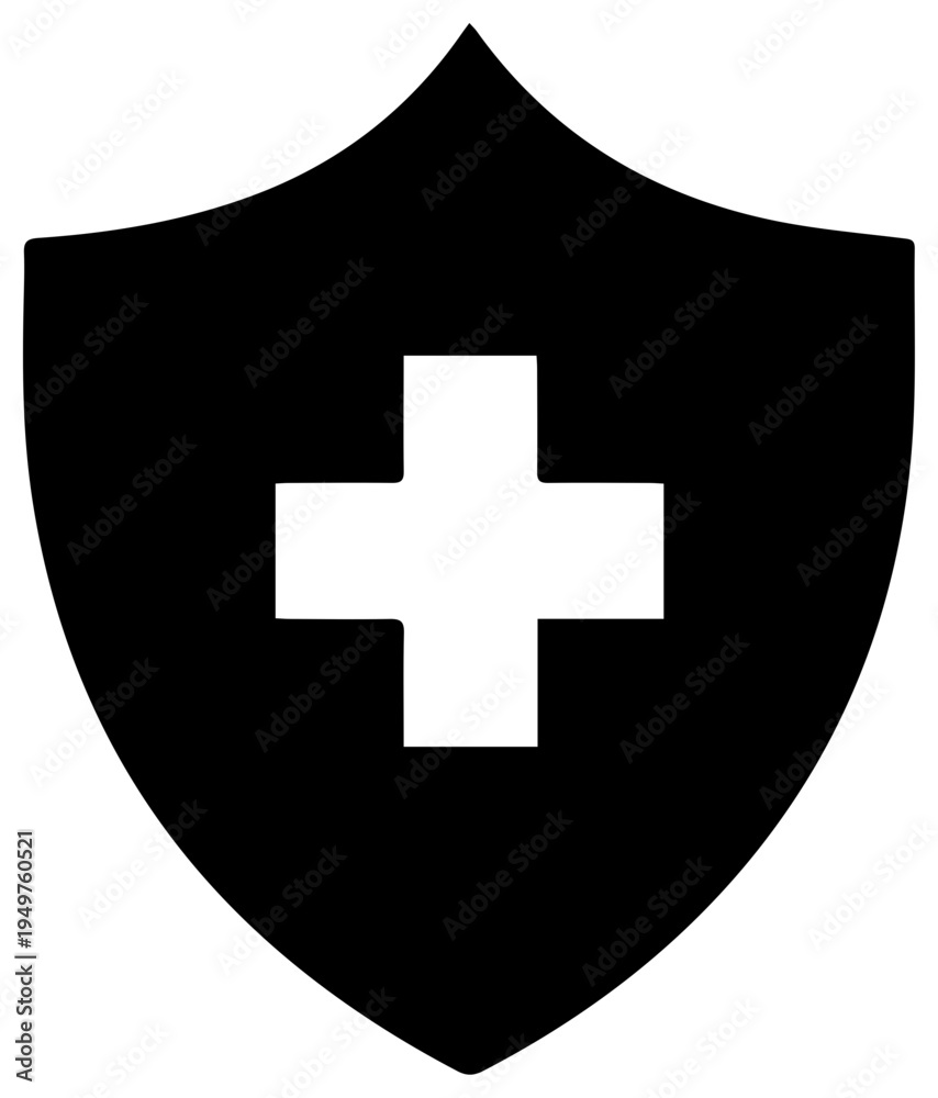 Obraz premium Black shield icon with white cross symbol for protection and safety on a plain white background
