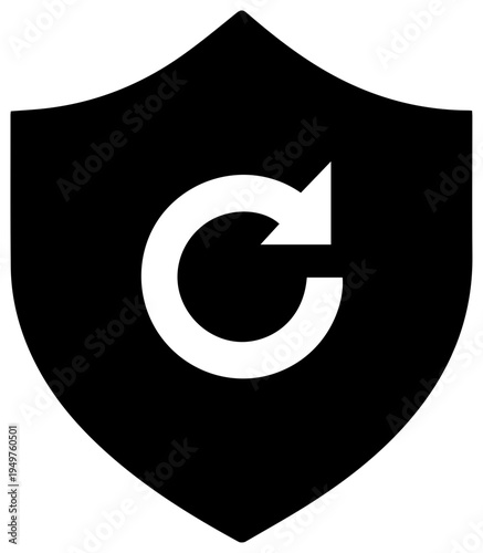 Black shield icon with white circular arrow symbol for protection security and containment on a plain white background