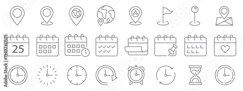 Time, date and location editable stroke outline icons set. Address line icons and navigation outline icons set. isolated on white background.