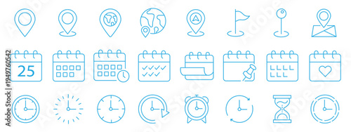 Time, date and location editable stroke outline icons set. Address line icons and navigation outline icons set. isolated on white background.