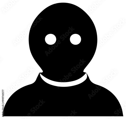Solid black filled icon of anonymous cyber hacker with balaclava and white eyes on plain background