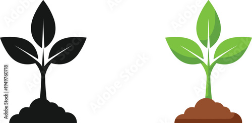 Growing plant sprout icon set, young green seedling in soil symbol, eco nature gardening vector illustration