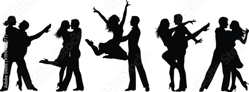 romantic couple silhouette set, lovers hugging kissing dancing poses collection, man and woman love black 