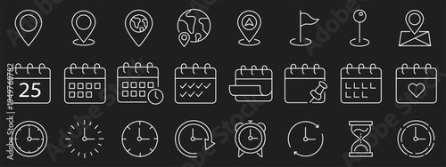 Time, date and location editable stroke outline icons set. Address line icons and navigation outline icons set. isolated on white background.