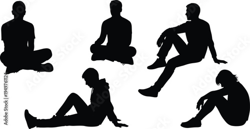 sitting man silhouette set, male people relaxing seated poses collection, casual human figure black vector isolated illustration