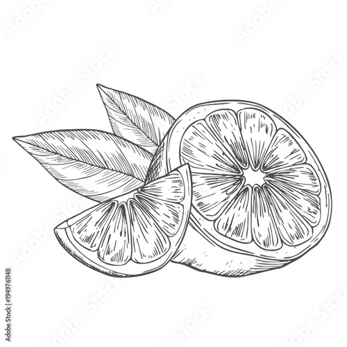 Lime half with leaves hand drawn isolated on white background. Sketch of lemon in section. Vector illustration