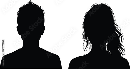 man and woman head silhouette profile set, male female avatar portrait black vector isolated human face illustration