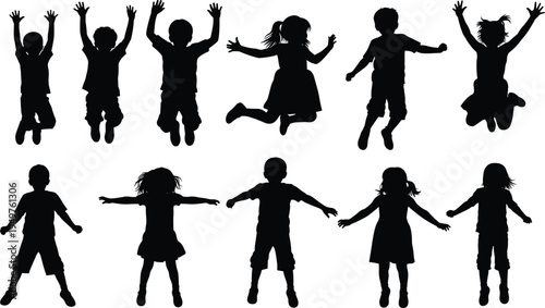children silhouette set, kids jumping and playing happy poses collection, boy and girl black vector isolated illustration