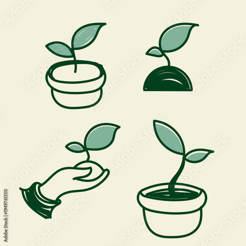 A collection of hand-drawn botanical illustrations featuring potted plants, hands holding seedlings, and growing sprouts. Designed in a trendy doodle line-art style with earthy green and terracotta co