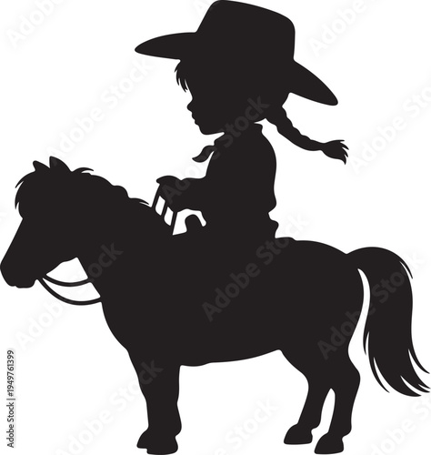 A young cowgirl riding a horse with a wide-brimmed hat in silhouette style.