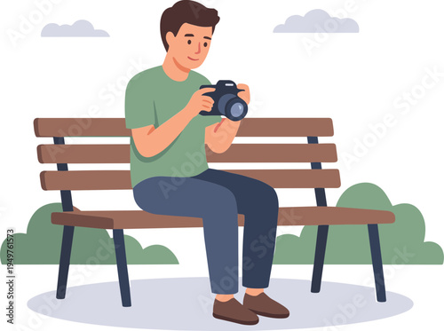 Man sits on park bench holding camera and taking photos of scenery