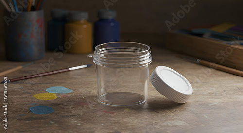 Empty clear plastic jar with white lid on a wooden surface with paint. Artist's supplies and paint containers are in the background.