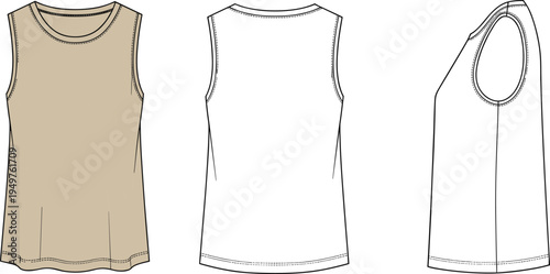 "Technical flat sketch of sleeveless top showing front, back, and side views with round neckline, armhole binding, and flared hem for fashion design projects"