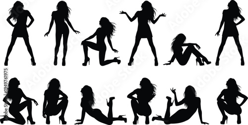 Sexy female silhouette poses collection, dancing women figures set, fashion model body shapes vector illustration isolated on white background