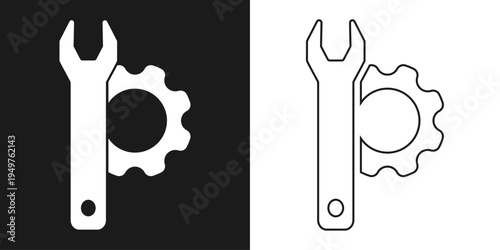 A wrench and gear icons in black and white