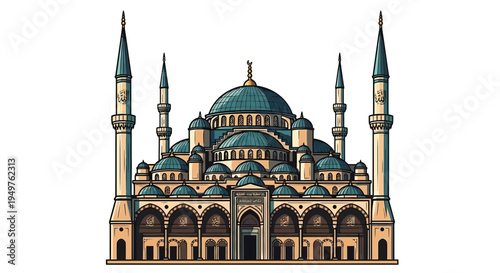 Blue Mosque Istanbul Illustration - Sultan Ahmed Mosque Vector Art