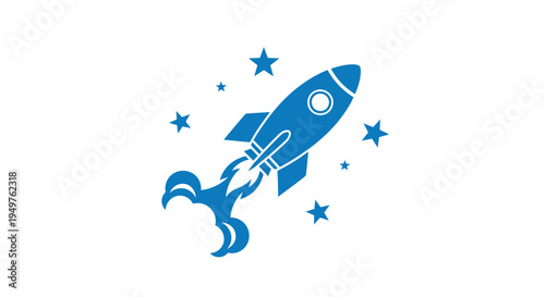 Blue Rocket Ship Launching Among Stars, Space Exploration Concept