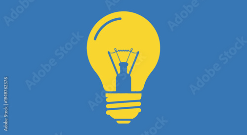 Bright Yellow Idea Light Bulb Icon on Blue Background