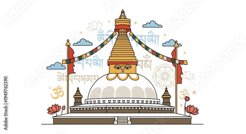 Boudhanath Stupa Nepal Buddhist Landmark Flat Design Illustration