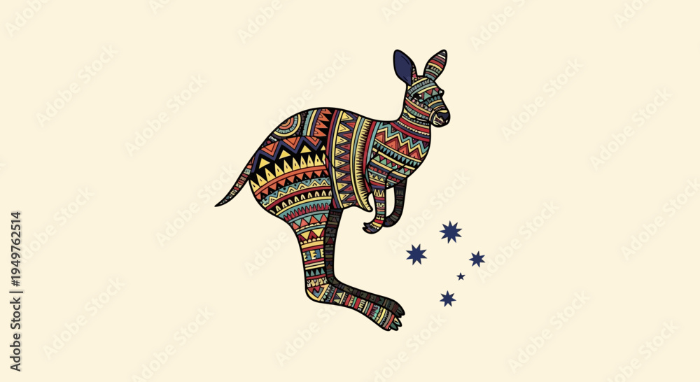 Fototapeta premium Colorful tribal kangaroo illustration with stars, Australian aboriginal art style