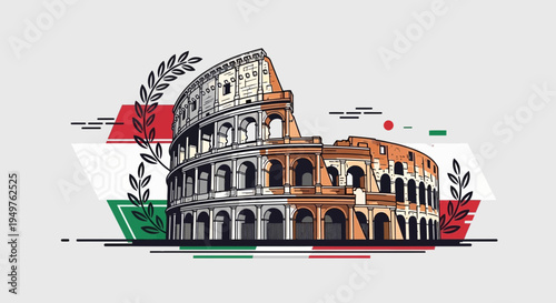 Colosseum Rome Italy Landmark Illustration with Italian Flag Colors