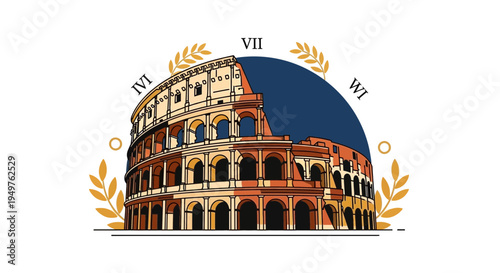 Colosseum Rome Italy Landmark Vector Illustration with Laurel Wreath and Roman Numerals