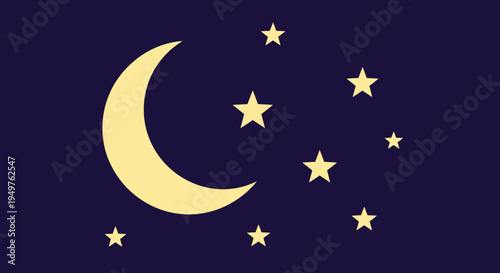 Crescent Moon and Stars on Dark Night Sky - Celestial Background