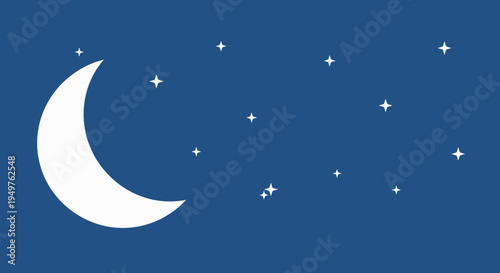 Crescent moon and stars on a dark blue night sky background