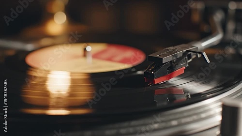 Vinyl record turntable music retro analog audio nostalgia sound vintage closeup spinning classic entertainment black groove technology equipment hobby listening collection disc old player create warm