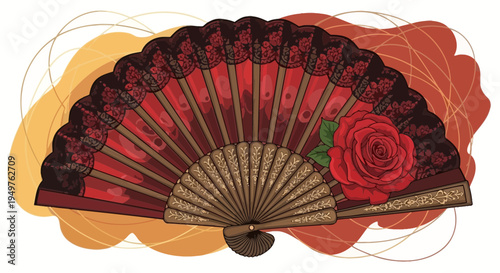 Elegant Spanish Fan with Rose Decoration, Traditional Accessory, Flamenco Dance Prop