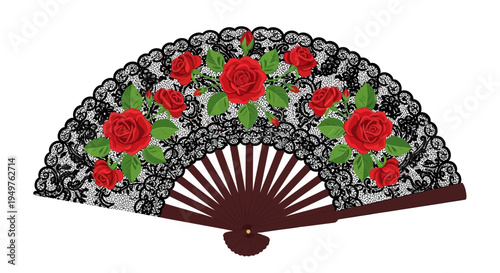 Elegant Lace Fan with Red Roses - Vintage Accessory