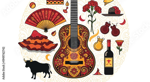 Flamenco Guitar, Fan, Bull, Flowers, Wine: Spanish Culture Elements