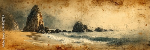 A serene traditional vintage Korea landscape painting, shows rocky cliffs rising from a calm sea. The aged paper texture gives the coastal scene a distinct antique and weathered feel.