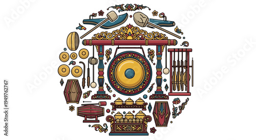 Gamelan Music Instruments Circle Arrangement, Traditional Indonesian Orchestra
