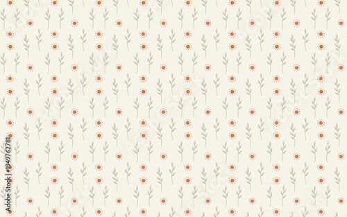 Seamless boho minimalist pattern with delicate hand drawn botanical sprigs and terracotta suns