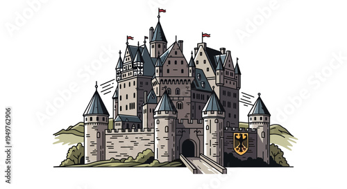 Illustrative Medieval Castle with Flags and Bridge on Hill