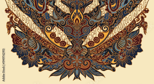 Intricate Batik Pattern with Floral and Abstract Motifs, Traditional Textile Design