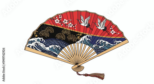 Japanese fan with cranes and waves, traditional art, red and blue