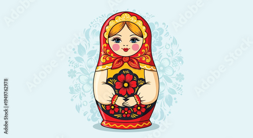 Matryoshka Doll Illustration: Traditional Russian Toy with Floral Pattern