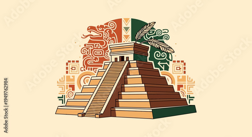 Mayan Pyramid with Serpent God and Feathered Headdress Illustration