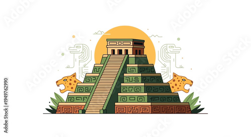 Mayan Pyramid with Jaguar Sculptures and Sun