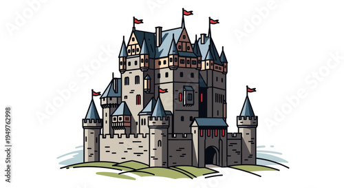 Medieval Castle Illustration with Flags and Towers on Hill