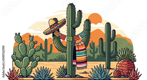 Mexican Desert Fiesta: Cactus, Sombrero, Papel Picado, Sunset