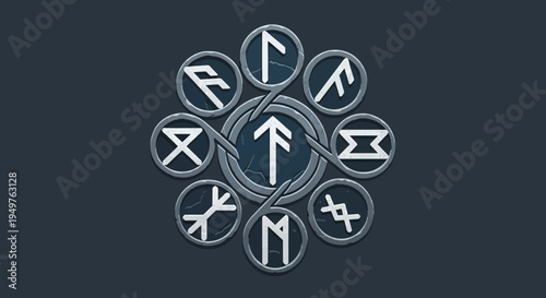 Mystical Norse Runes Circle Symbol, Ancient Germanic Alphabet, Esoteric Magic