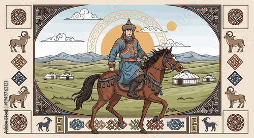 Mongolian Warrior Woman Riding Horse in Traditional Attire with Yurts and Mountains
