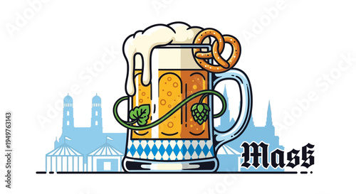 Oktoberfest Beer Mug with Pretzel, Hops, and Munich Skyline Illustration