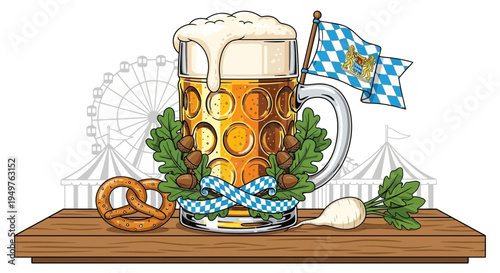 Oktoberfest Beer Mug with Pretzel, Parsnip, and Bavarian Flag on Wooden Shelf