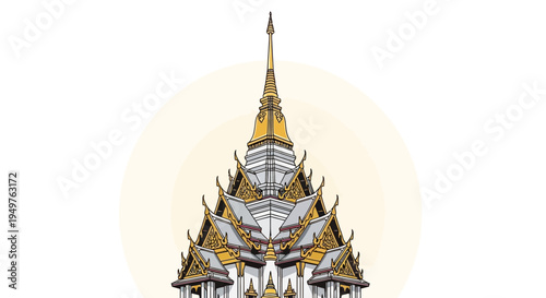 Ornate Thai Temple Pagoda Spire with Golden Accents and White Background