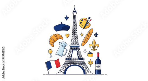 Parisian Icons: Eiffel Tower, Croissant, Wine, Beret, French Flag & Art Supplies