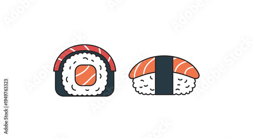 Salmon Sushi Roll and Nigiri Icon Set, Japanese Cuisine Illustration